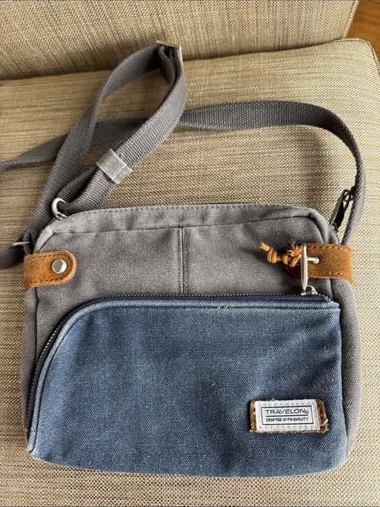 Travelon Handbags - Travelon Gray and Blue Canvas Messenger Crossbody
